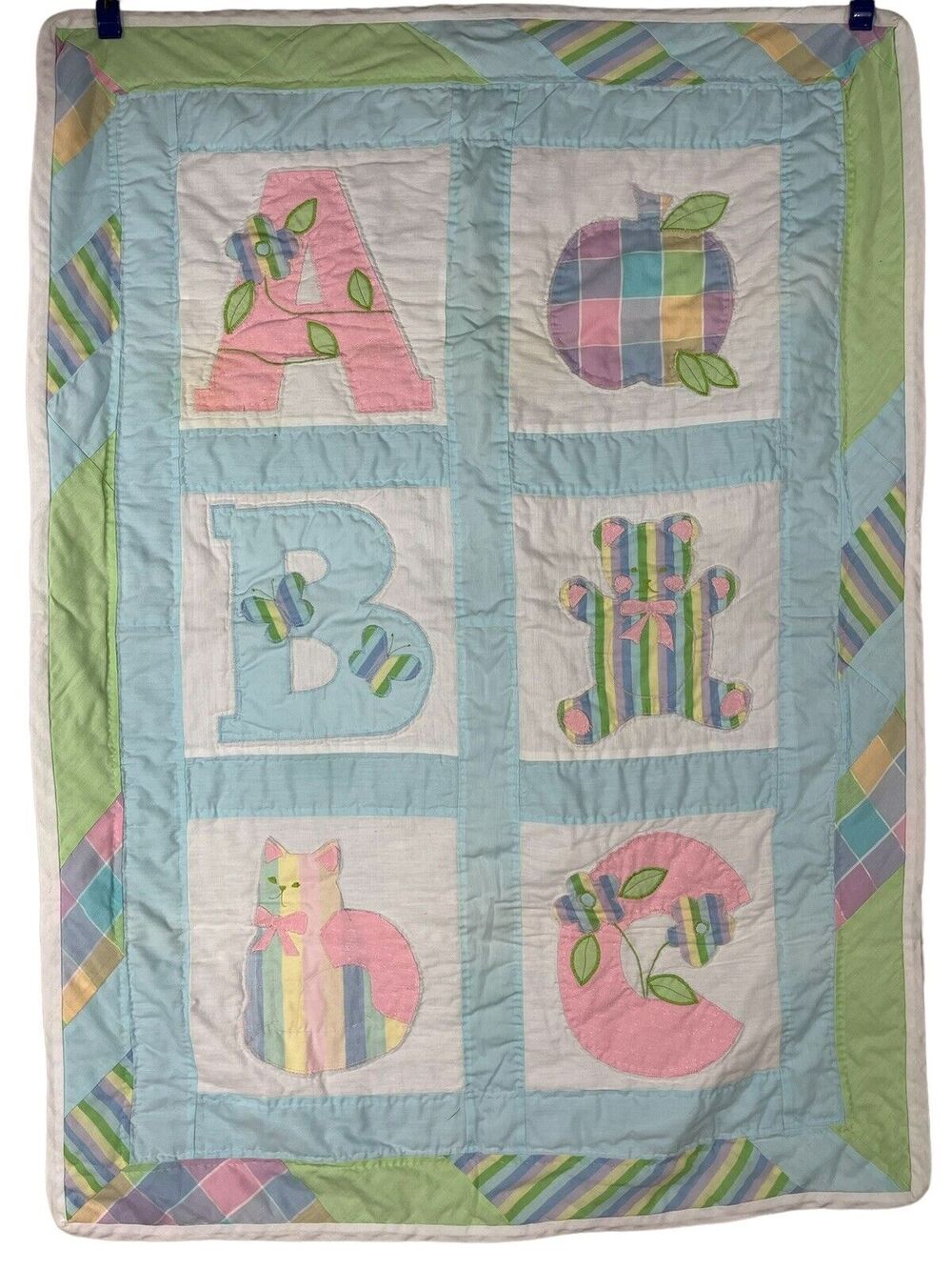 Vintage homemade ABC baby quilt nursery Apple Bear Cat Pink Blue Green